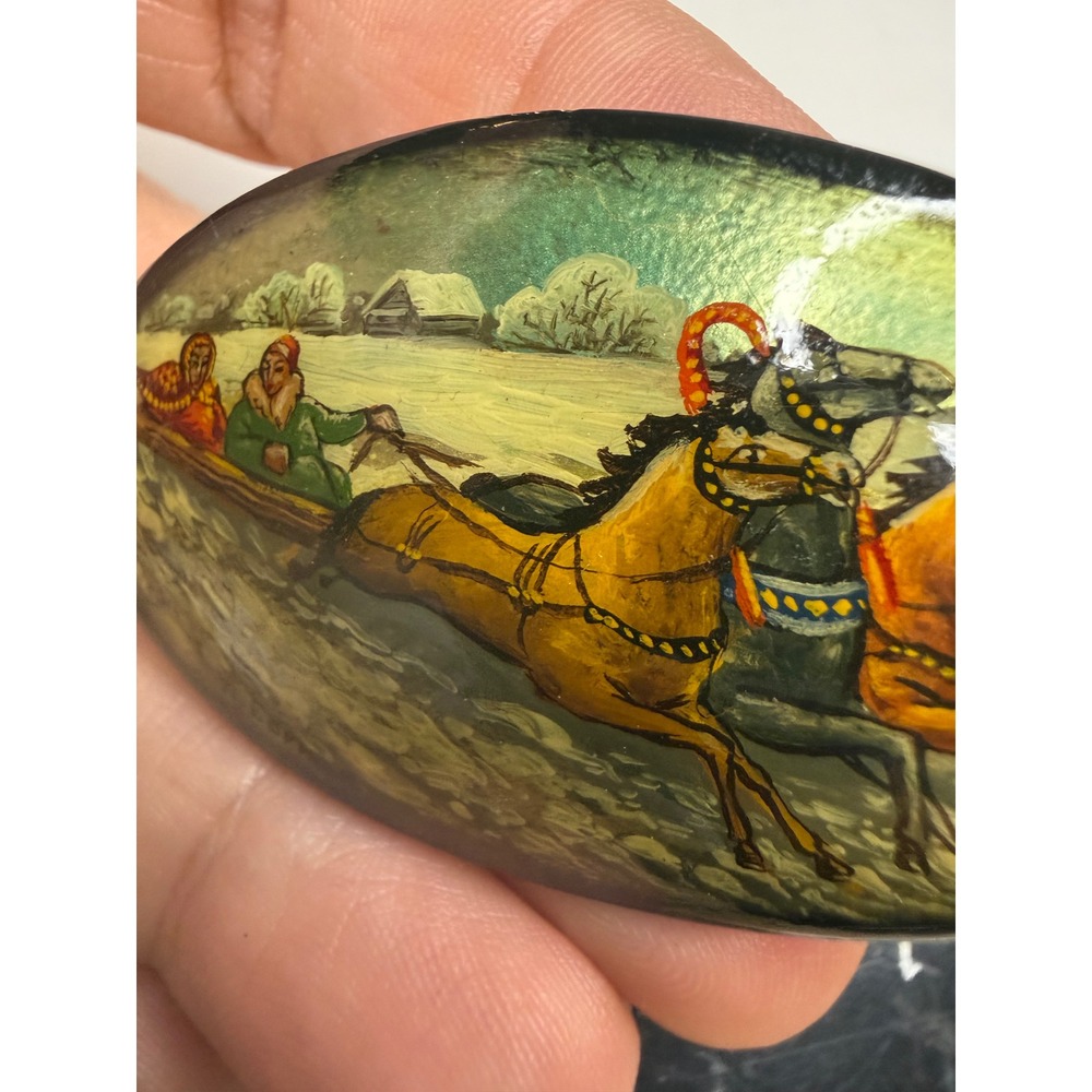Russian Lacquer Brooch Hand Painted Troika Winter Scene Signed A Borisov Pin